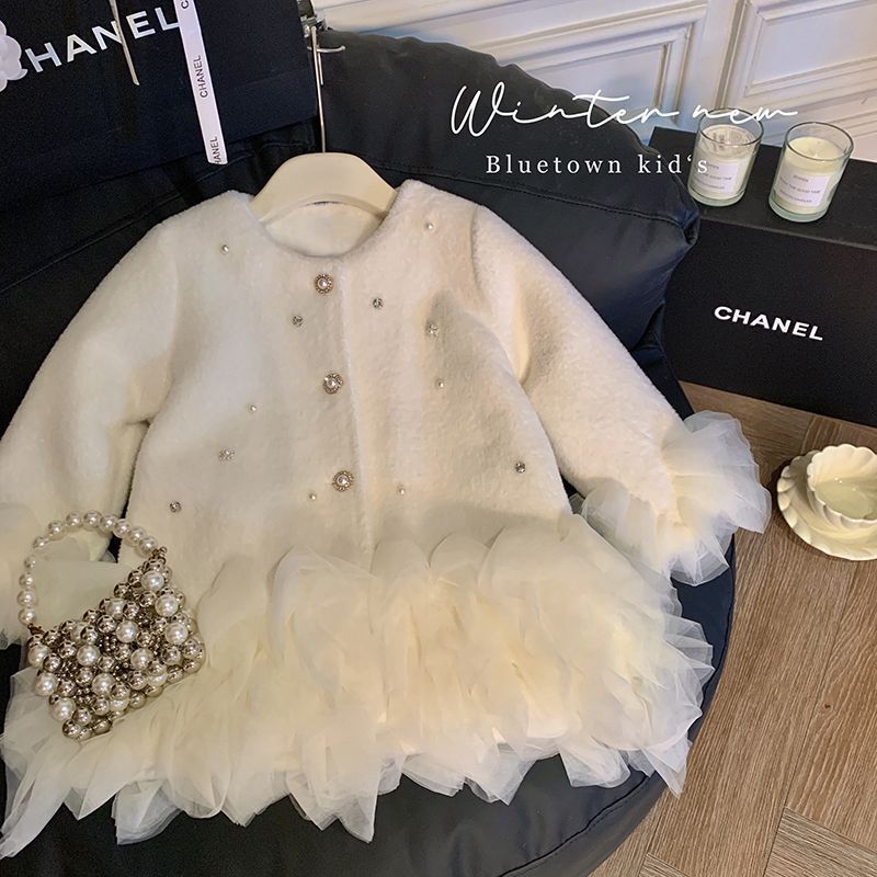 Winter Clothing Baby - 女の子の毛皮のようなプリンセスメッシュコート秋と冬の新しいミッドレングスキルティング子供服ベビー誕生日ドレス