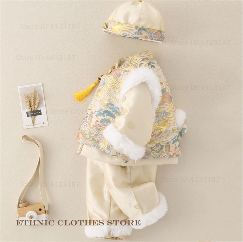 Winter Clothing Baby - 男の子ベビー百日記念唐服厚手の豪華な錦織漢服セット秋冬一歳児衣装コスチューム写真撮影服