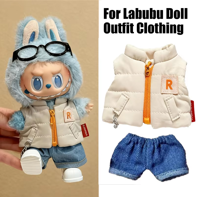 Winter Clothing Baby - 15～17cmのラビュブドール用、無地の冬用ダウンベスト、ジーンズ、靴、完全な服装、カラーブロッキングTシャツの服一式