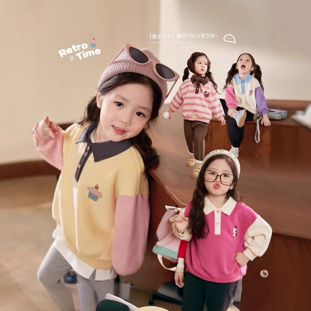 Winter Clothing Baby - クリーム色のホームウェア、ベビーポロカラーフーディー、レディースカラーコントラスト、2025年冬服、ベビー用プラッシュ長袖トップス、トレンド